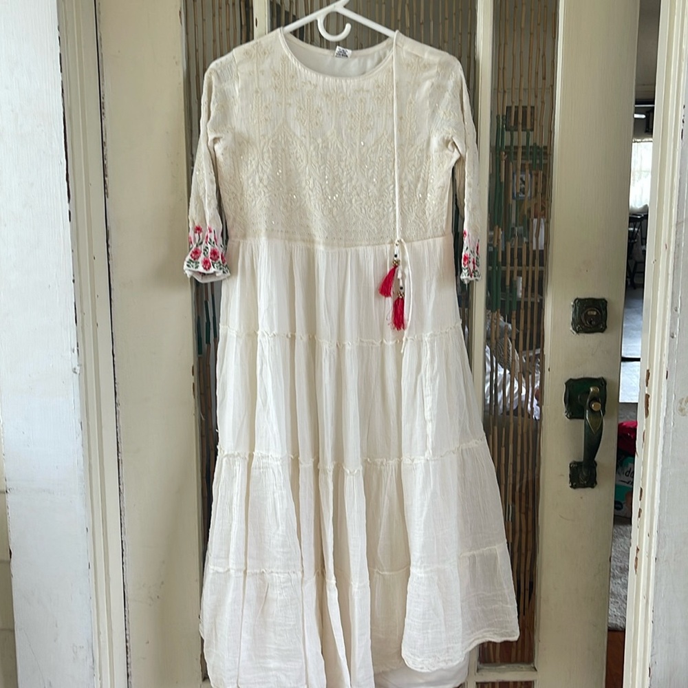 beige Hand Embroidered ruffle Cotton midi dress size